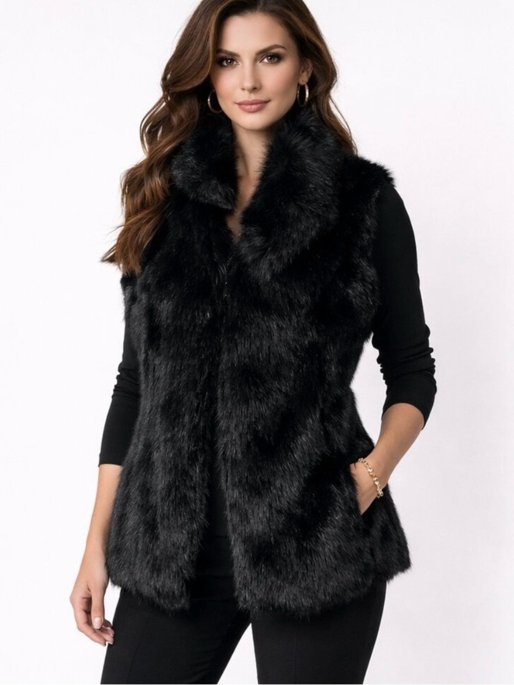 WHBM black faux fur plush vest